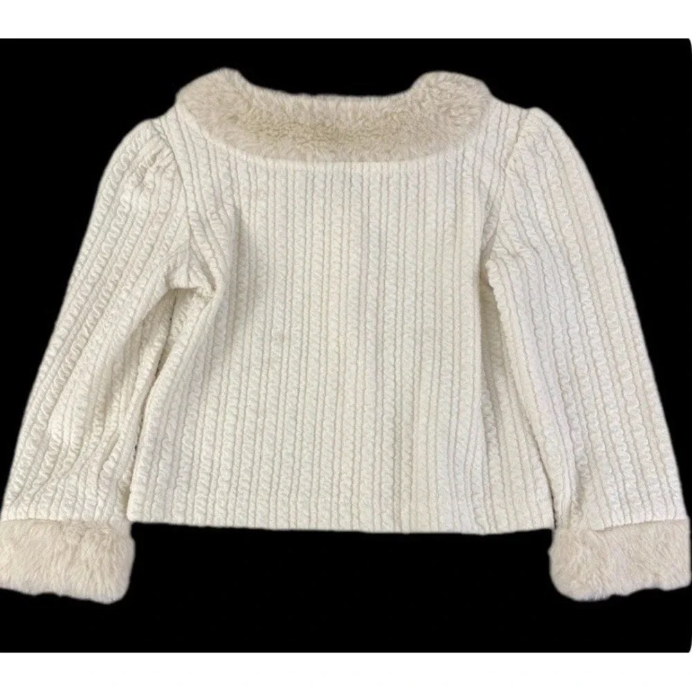 Le Chic Cardigan Kids Size 2 Cream Faux Fur Trim Cable Knit Pearl Button